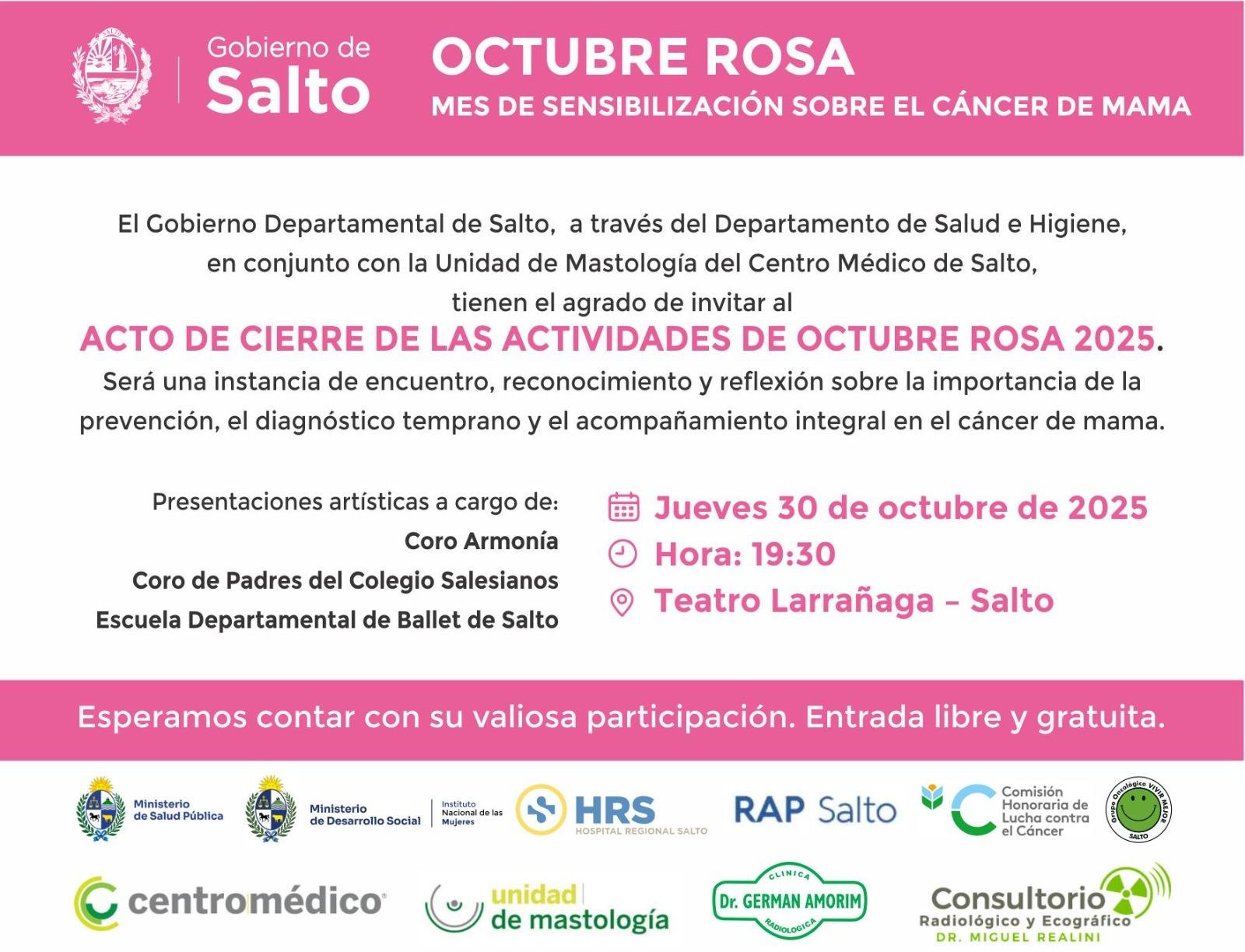 Jueves 30 de octubre: Acto de cierre de Octubre Rosa 2025 en el Teatro Larrañaga