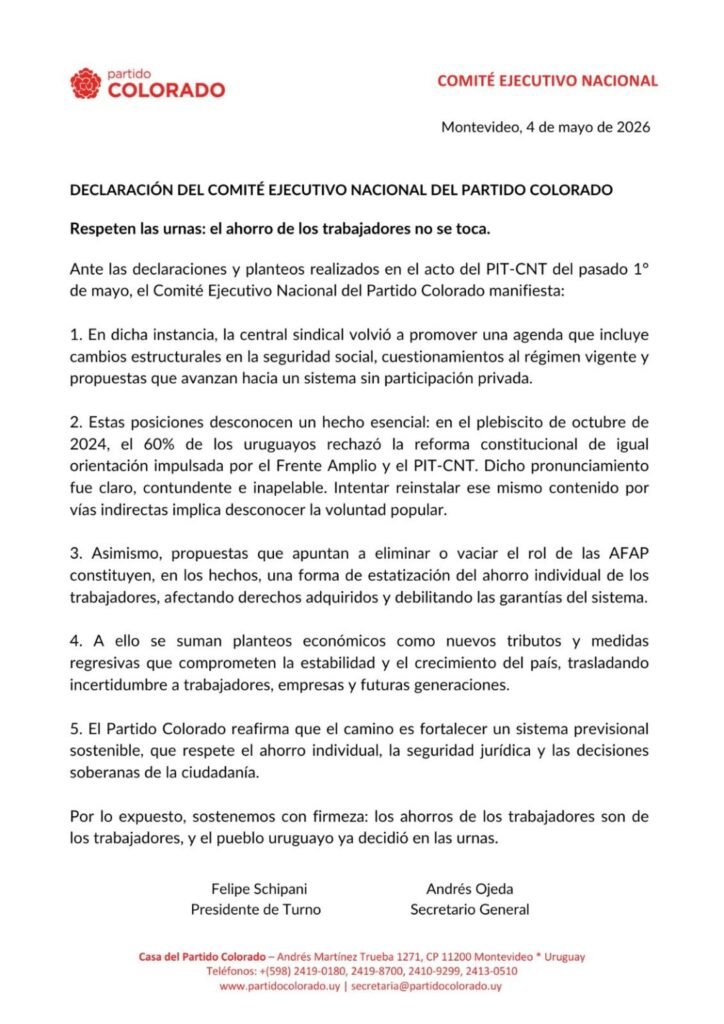 &ldquo;Respeten las urnas, el ahorro de los trabajadores no se toca&rdquo;: la firme postura del Partido Colorado